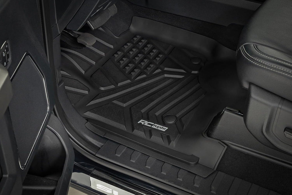Rough Country Flex-Fit Floor Mats for Ford F-250/350 Super Duty (2017-2025) Crew Cab - Front & Rear Set, Custom All-Weather Non-Slip TPE Liners w/Spill Saver Lip