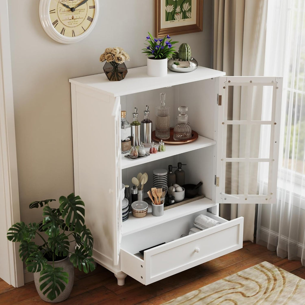KEIKI Sideboard Buffet Cabinet with Glass Doors and Drawer, Wooden Storage Cabinet with Adjustable Shelf Modern Display Cabinet Cupboard for Living Room, Dining Room, Kitchen, Hallway, White
