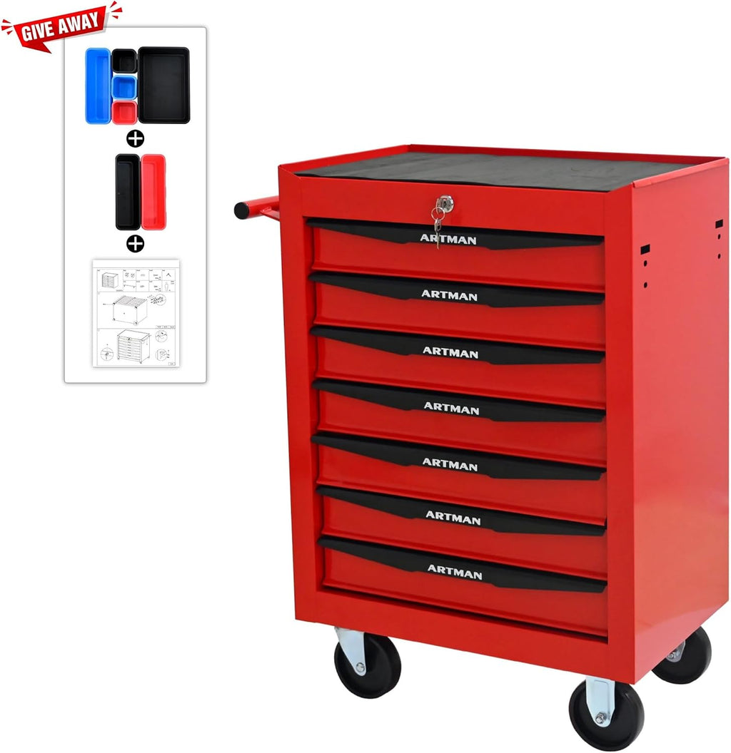 Rolling Tool Chest Cart with 7 Drawers,Storage Tool Cabinet on 4 Wheels. Lockable Tool Cart with Drawer Liners.Steel Tool Box Organizer for Garage,Repair Workshop-Red