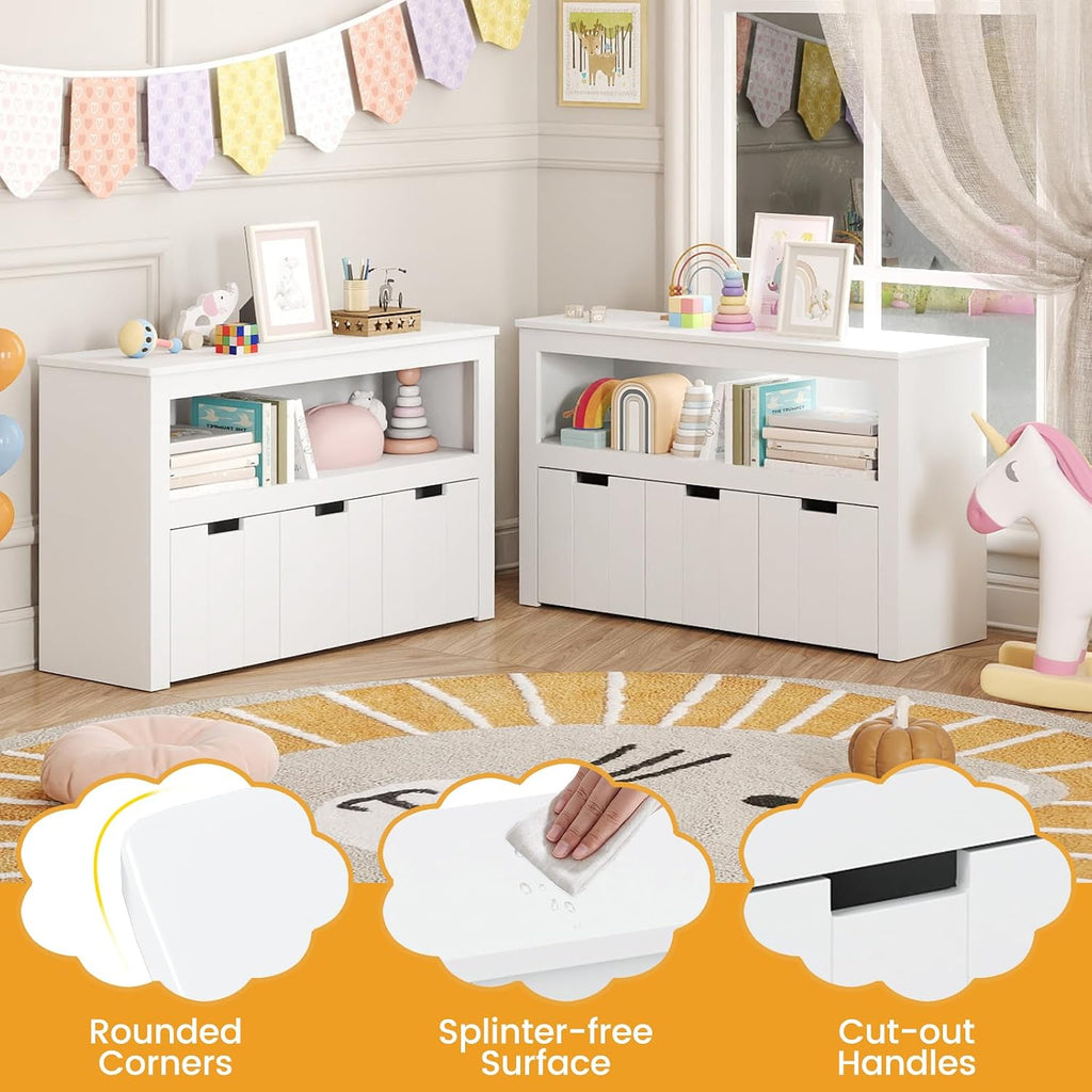 HONEY JOY Kids Toy Storage Organizer, Children Daycare Shelf, 3 Wooden Toy Box w/Wheels, Toddler Classroom Display Cabinet for Playroom, Nursery, Kindergarten (White)