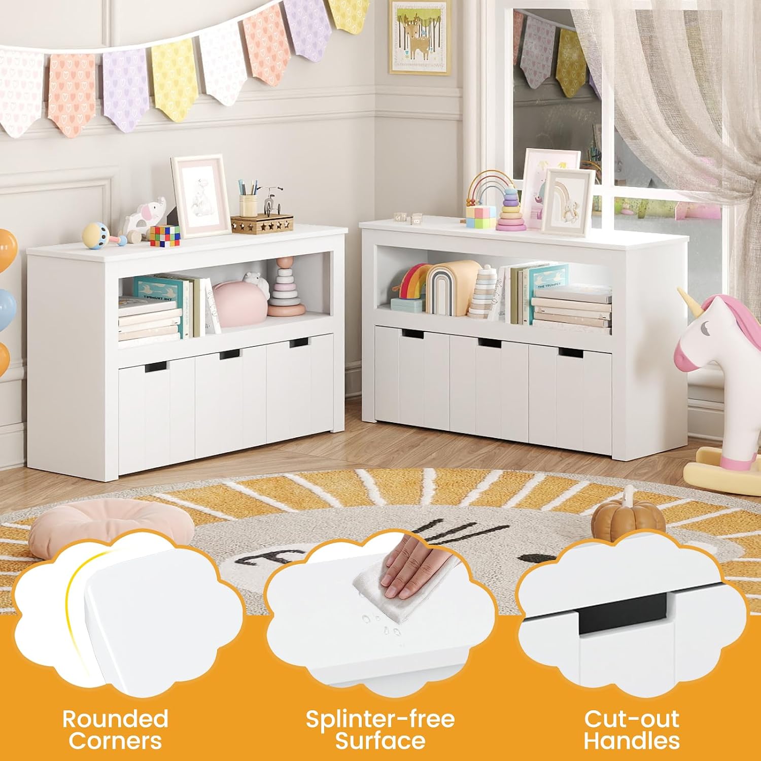 HONEY JOY Kids Toy Storage Organizer, Children Daycare Shelf, 3 Wooden Toy Box w/Wheels, Toddler Classroom Display Cabinet for Playroom, Nursery, Kindergarten (White)