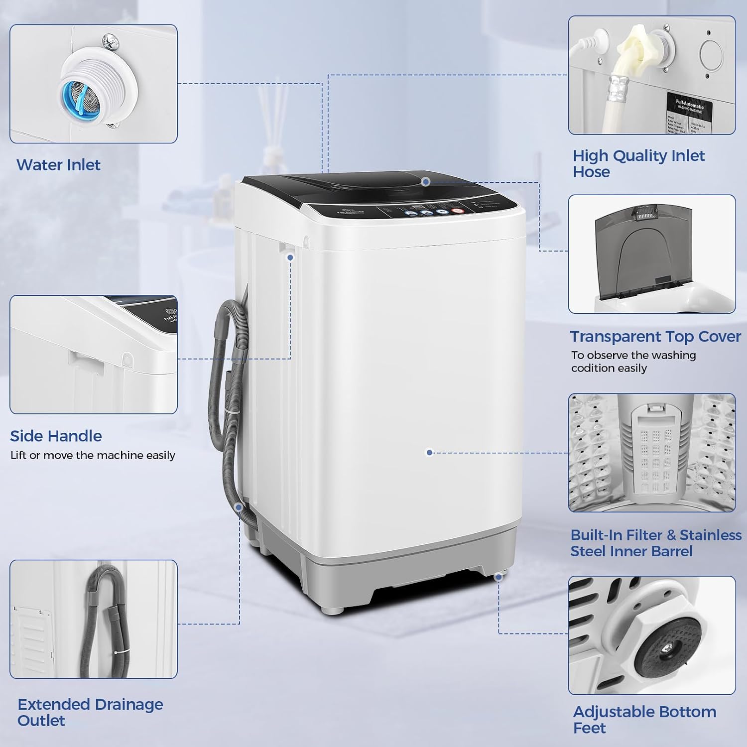 Nictemaw Portable Washing Machine 20Lbs Portable Washer Machine with Drain Pump, 2.8 Cu.ft Compact Washer with 10 Programs 8 Water Levels Small Washing Machine for Apartment, Home, Dorms, Rv