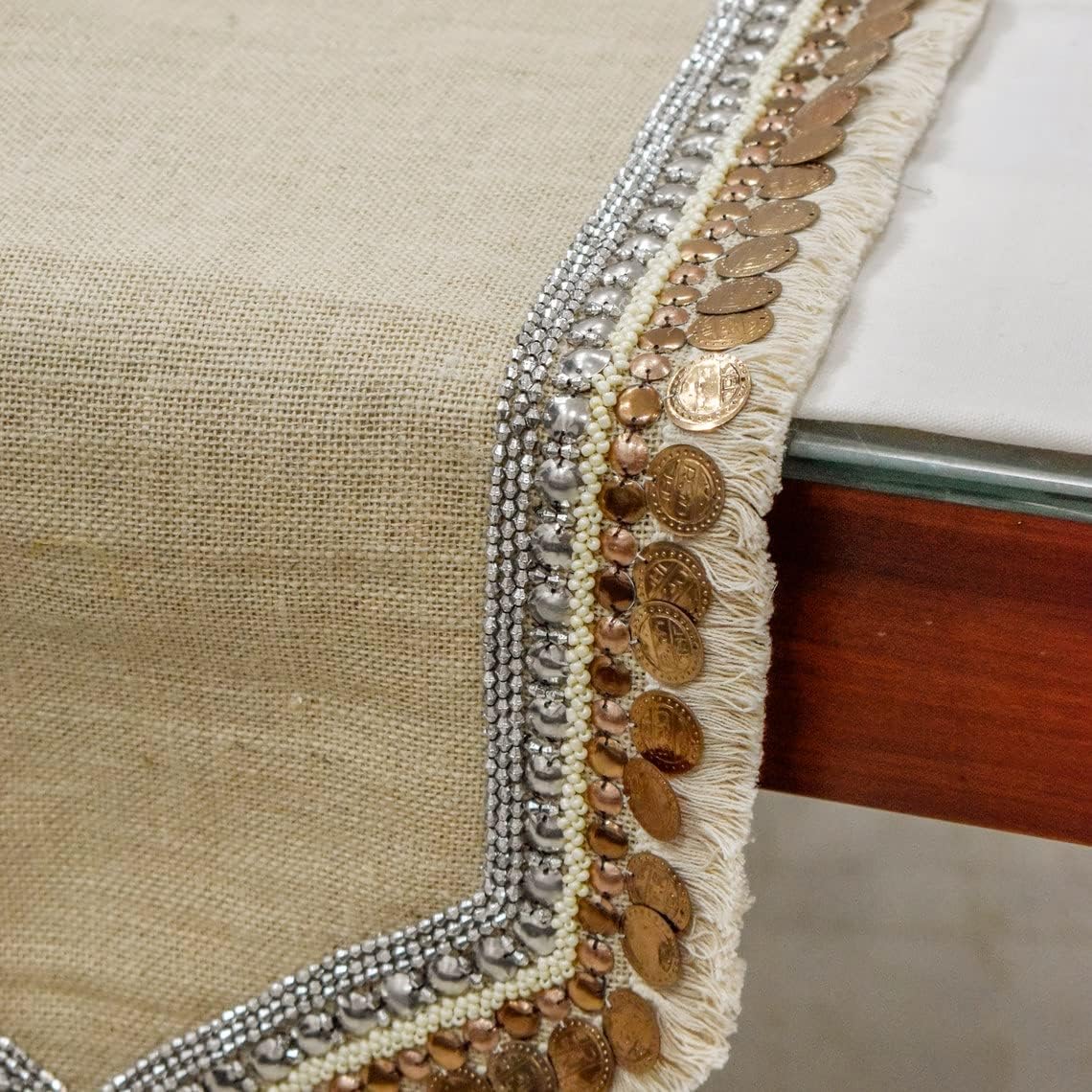 The HomeCentric Decorative Beige 6-8 Seater Table Runner (16 x 90 inch), Lace, Bead, Sequins, Burlap, Embroidered & Moroccan, Burlap Fabric Table Linen, Bordered Pattern Contemporary Style - Marima