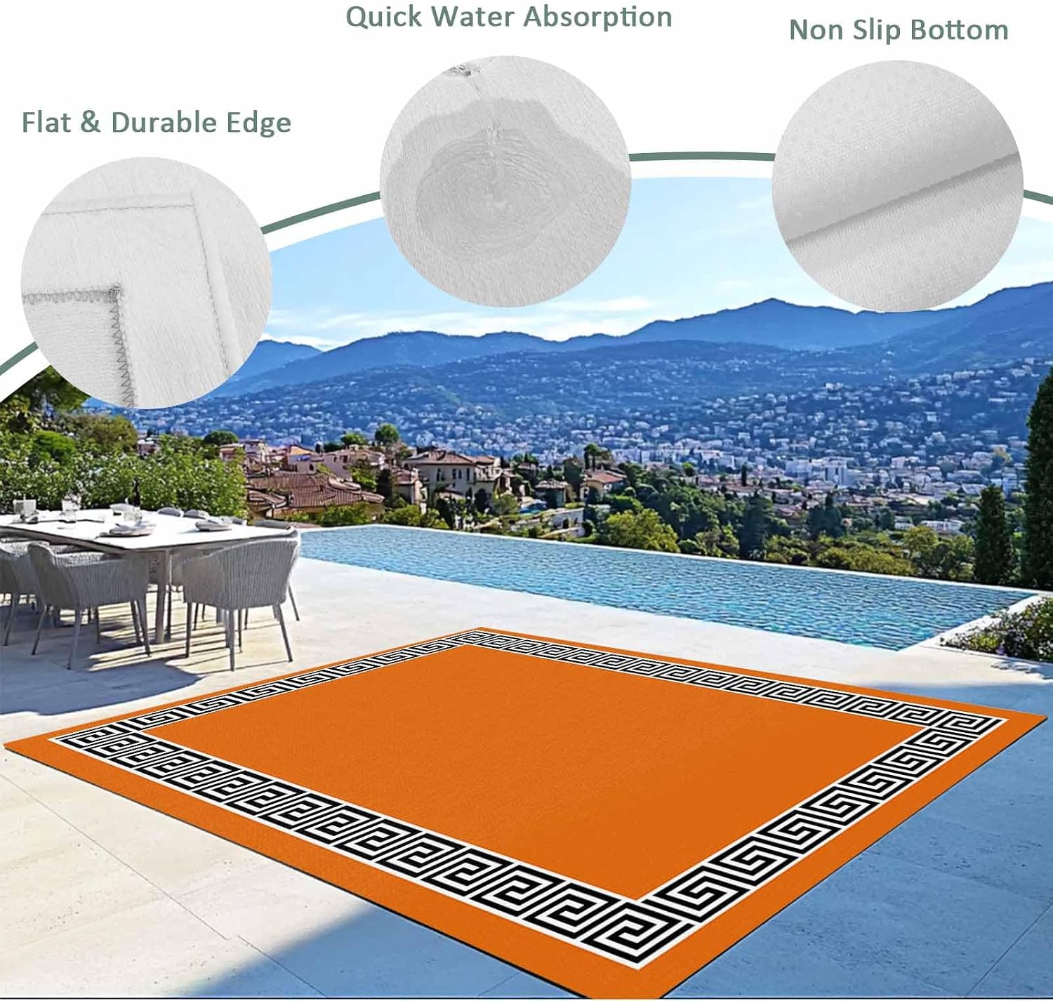 Outdoor Rug 4x6ft Black Simple Geometric Lines Border Patio Area Rugs Waterproof Easy Cleaning Non Shedding Thick Mats Orange Carpet for Indoor Outdoor Porch Deck Backyard Balcony