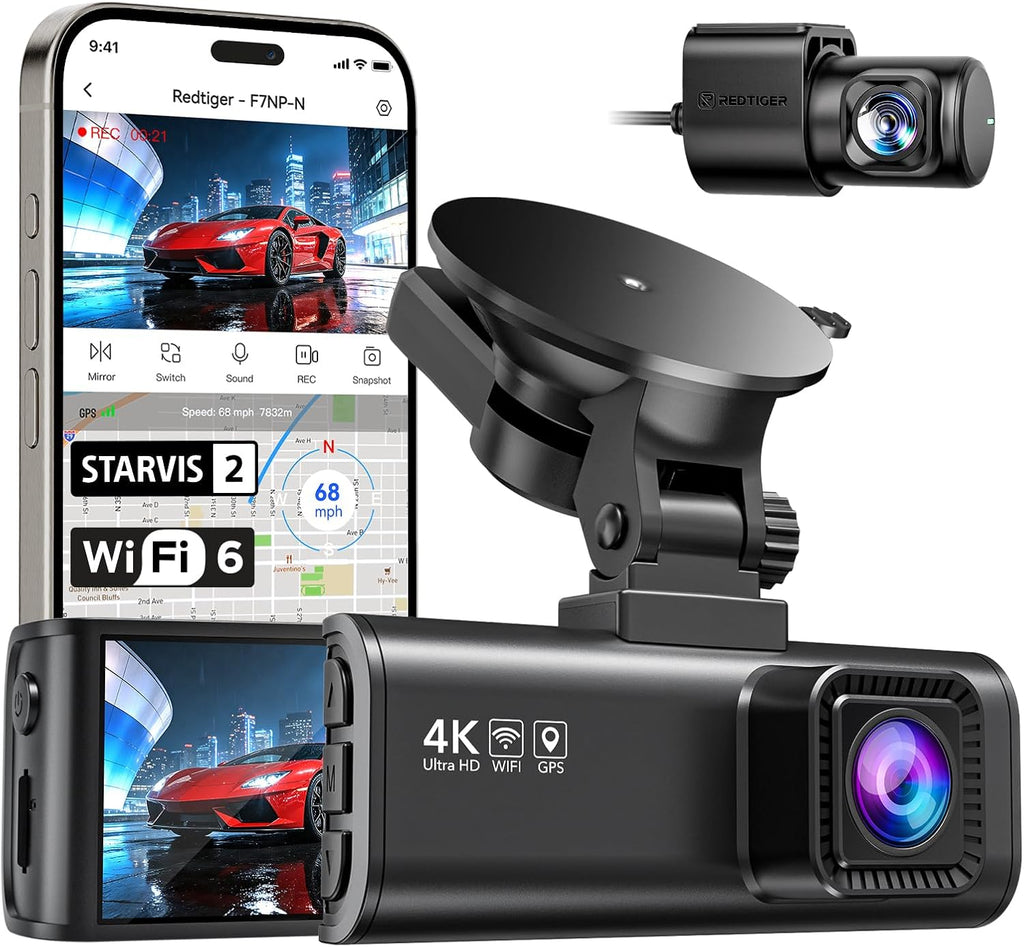 REDTIGER Dash Cam 4K Front and 1080P Rear, STARVIS 2 Sensor, 5.8GHz WiFi (20MB/s), GPS, WDR & HDR Night Vision, 170°Wide Angle, Parking Mode, Loop Recording with Emergency Lock(SD Card Not Included)