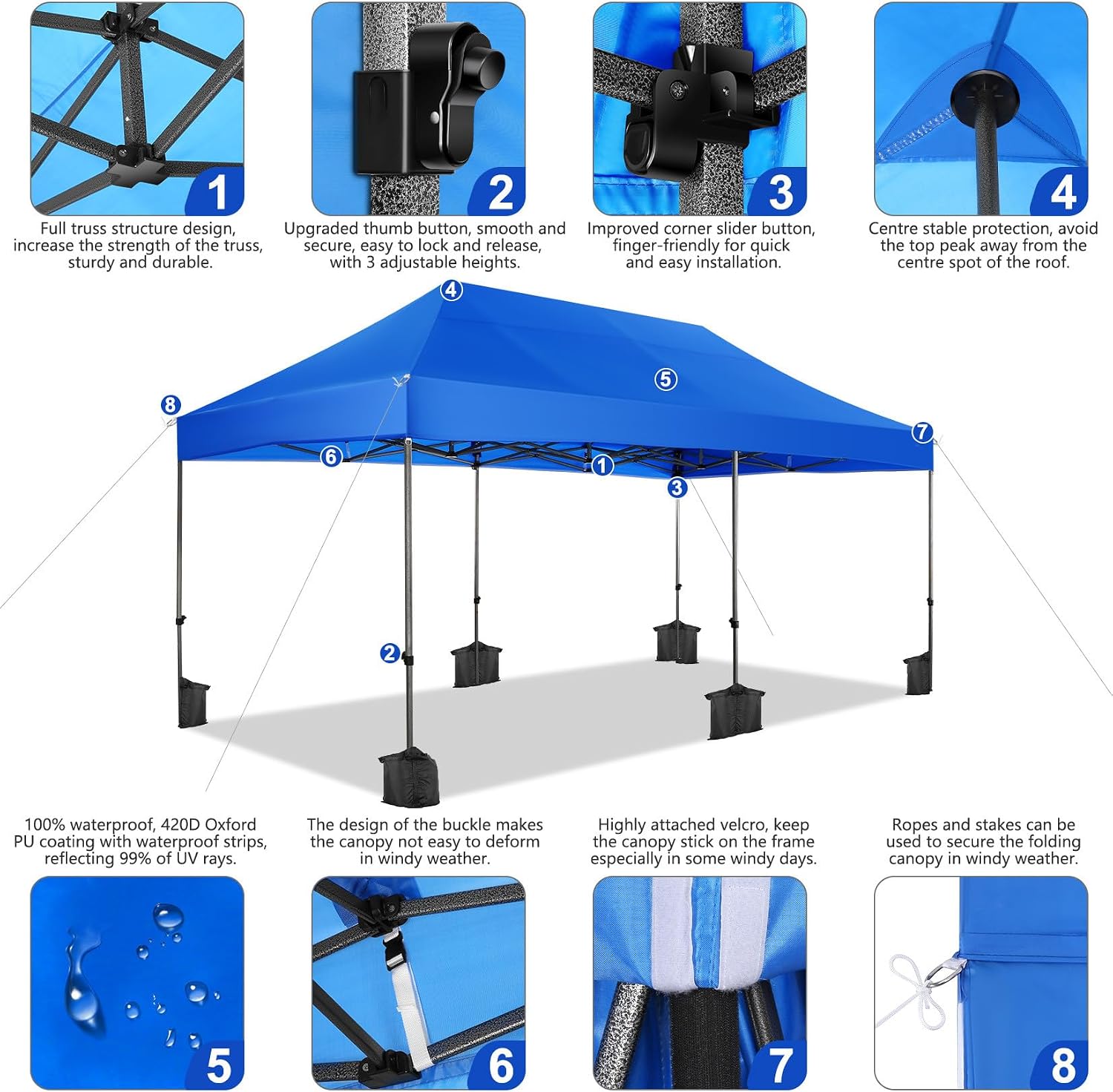 COBIZI 10x20 Heavy Duty Pop Up Canopy Tent with 6 Sidewalls Thicken Frame, Commercial Easy Up Outdoor Wedding Party Tents, All Season Waterproof Windproof with Stakes Sandbags Ropes Roller Bag, Uranus
