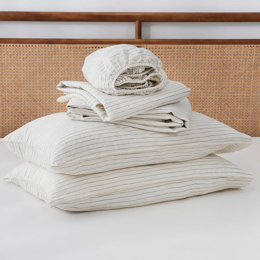 S VICTORY SYMBOL 100% Organic Linen Sheets Set Grey Pinstripe,Yarn Dyed French Natural Stone Washed Flax Bedding Set,3pcs Bed Sheets Twin Size,Ultra Soft&Breathable