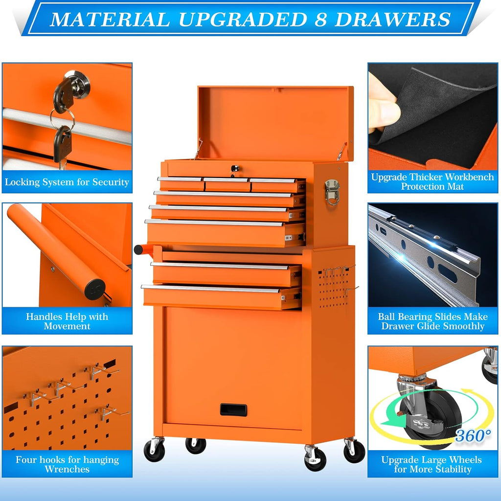 Go Big 8-Drawers Tool Chest Tool Box, Rolling Tool Chest with Wheels, Rolling Tool Box with Wheels, Garage Tool Storage Cabinet on Wheels, Locking System Toolbox(Cool Orange)
