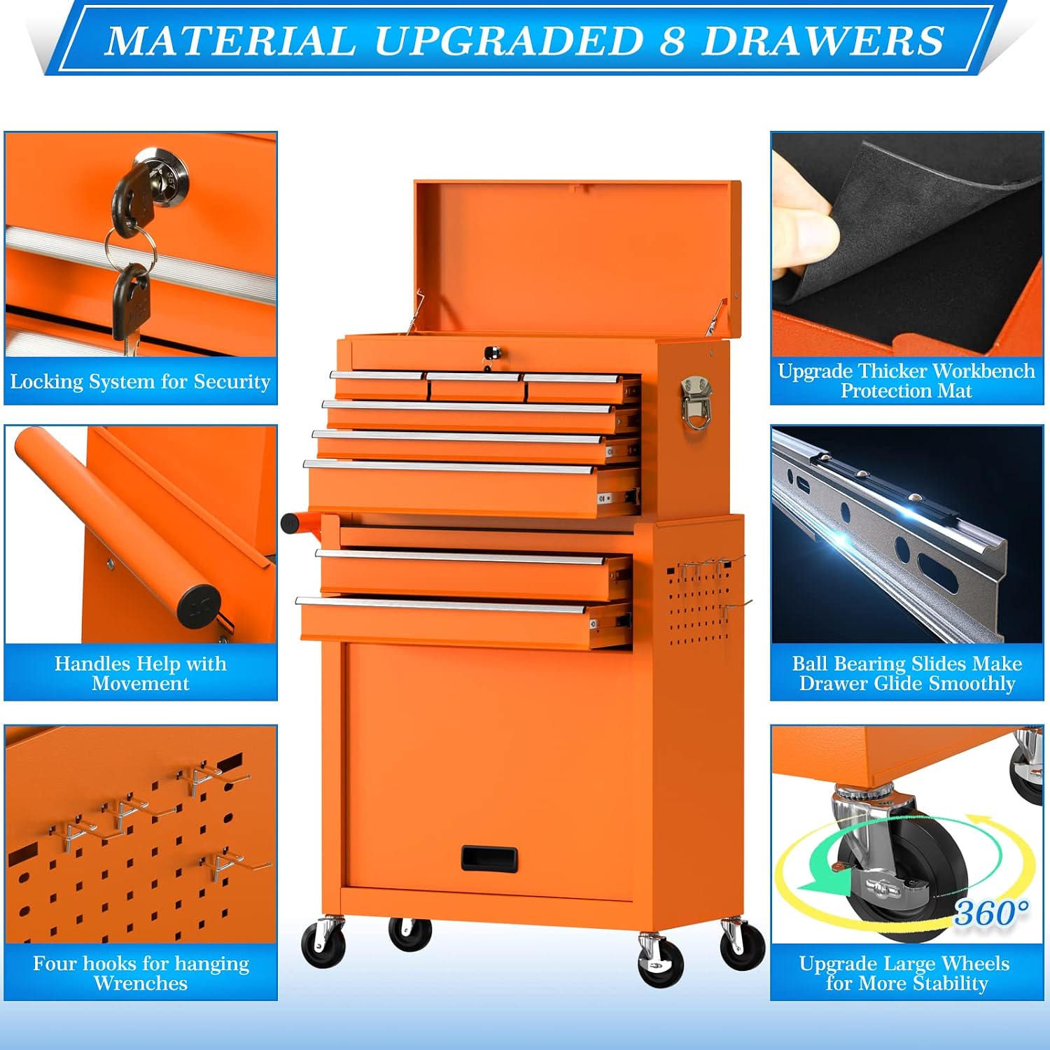 Go Big 8-Drawers Tool Chest Tool Box, Rolling Tool Chest with Wheels, Rolling Tool Box with Wheels, Garage Tool Storage Cabinet on Wheels, Locking System Toolbox(Cool Orange)