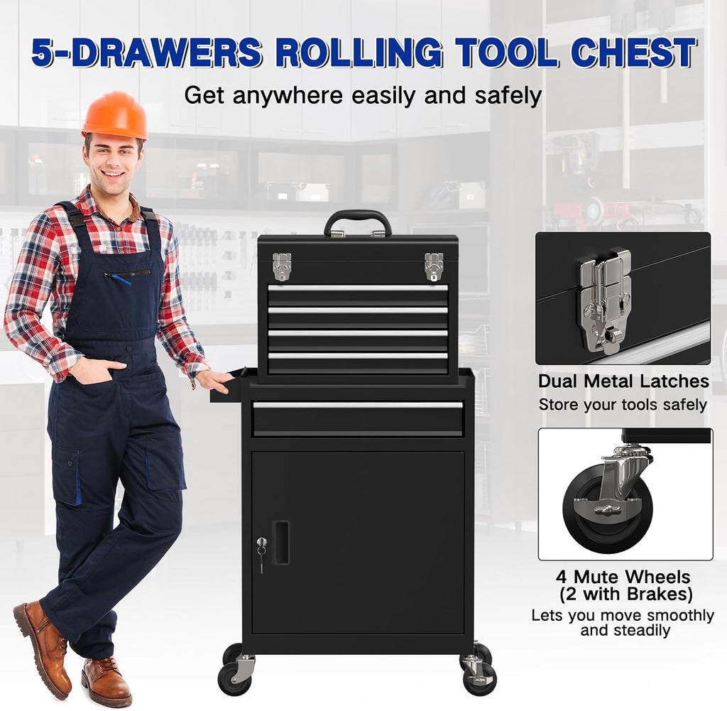 5 Drawer Tools Chest, Tool Cabinet with Universal Lockable Wheels，Tool Box with Detachable Top Box for Workshop(Black)