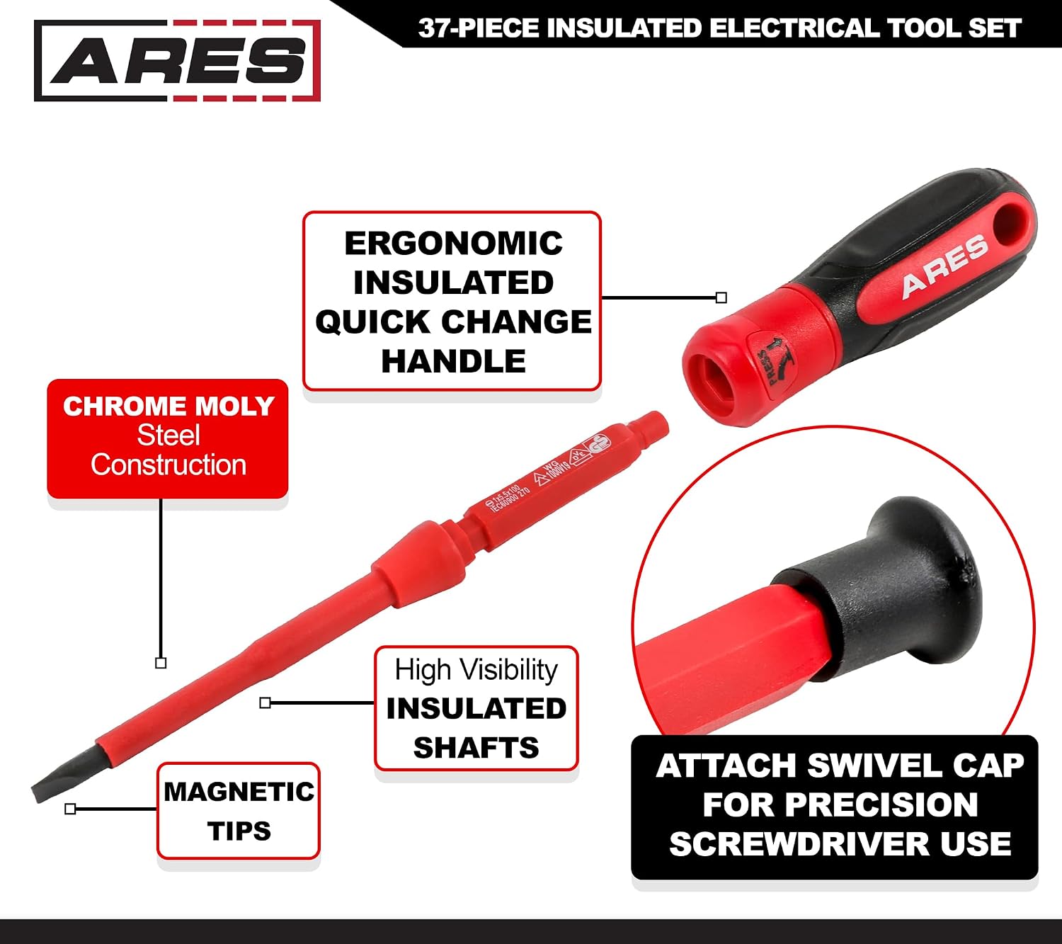 ARES 19004-37-Piece Insulated Electrical Tool Set - Ergonomic Handle with 19 Screwdriver Sizes and 4 Cabinet Keys - 1/2-Inch Drive Ratchet and Extensions - 9 Socket Sizes 10-24mm - Storage Case