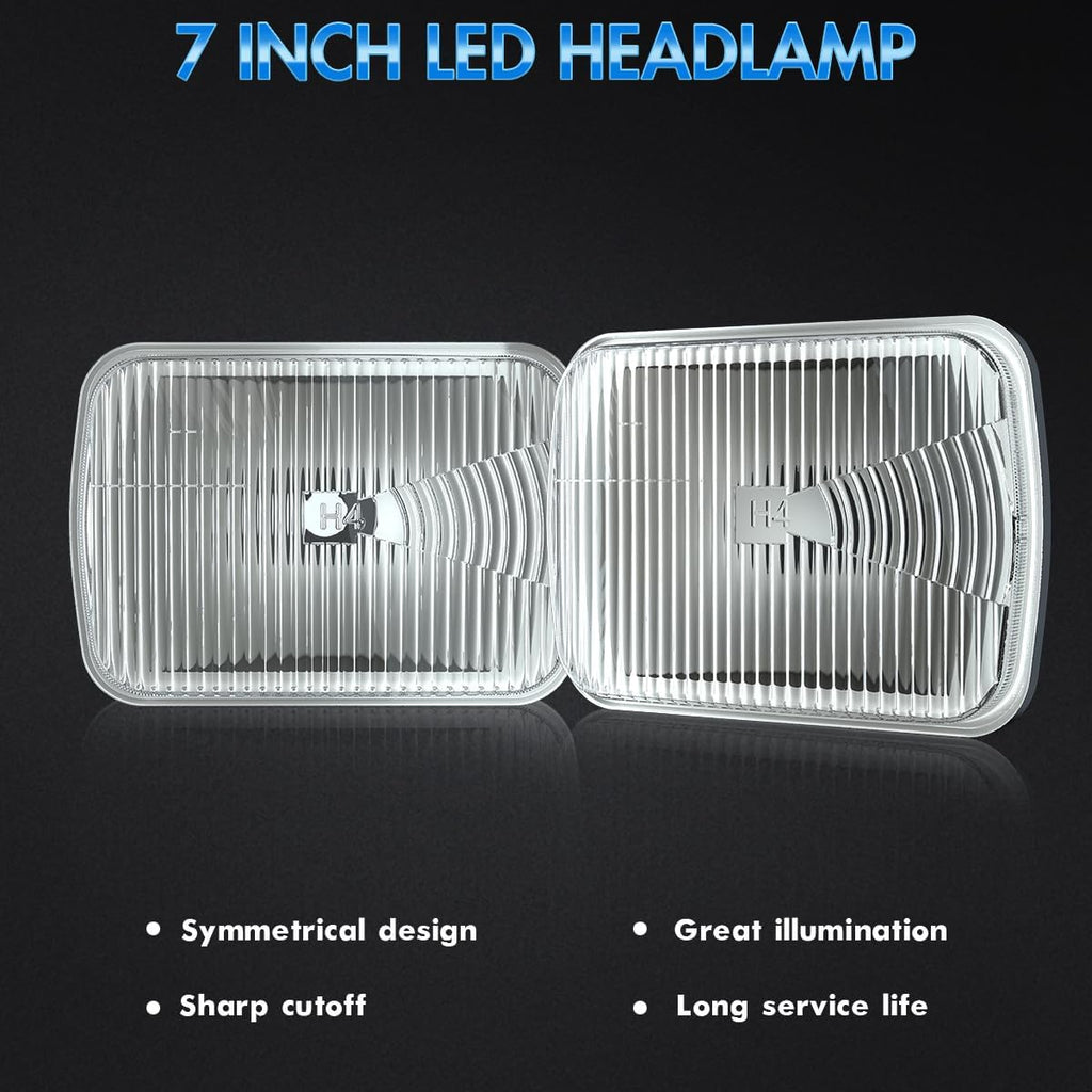 7x6 inch H6054 Super Vision Crystal Headlight Square Glass Lens Housing + H4 High Low Sealed Beam Headlight Lamp for Cars, Truck and Van, 4 PCS