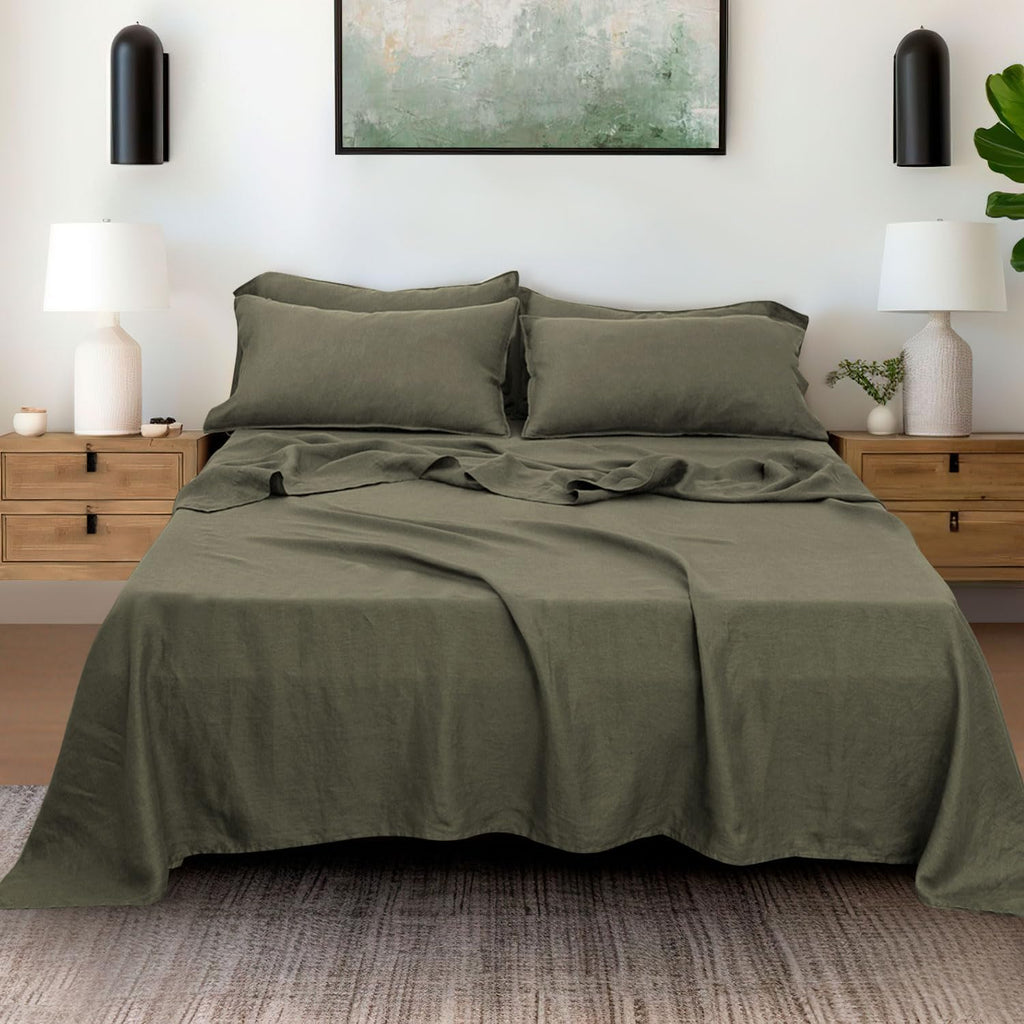 S VICTORY SYMBOL 100% Organic Linen Sheets Set Queen Size,Washed French Flax Bed Sheets 4Pcs(2 Pillowcases,1 Fitted Sheet,1 Flat Sheet) Burnt Olive