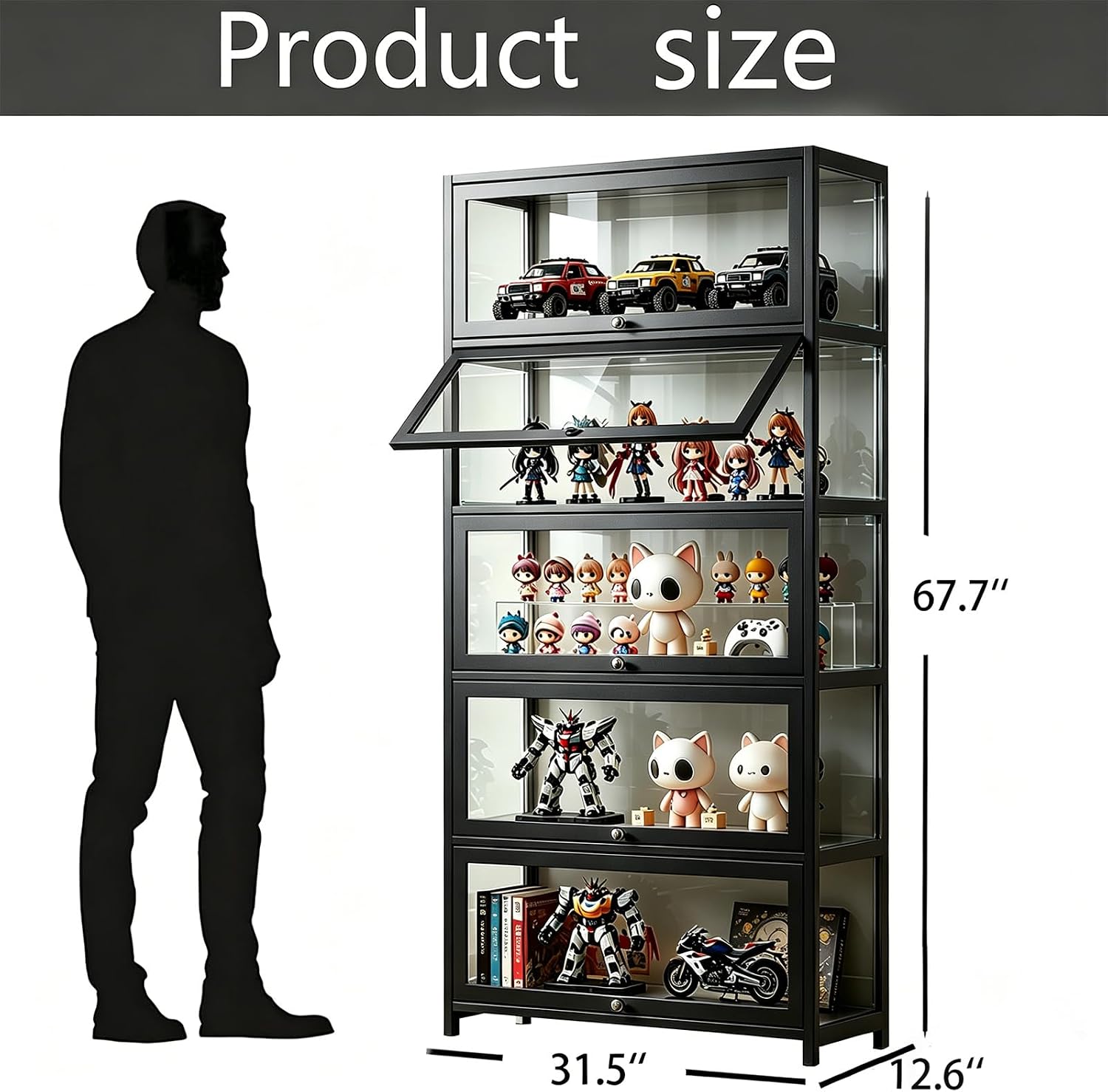 Curio Display Cabinet with Acrylic Glass Door, 5-Tier Display Case, Curio Cabinet & Bookcase for Collectibles, Display Shelf for Home, Reading Nook, Playroom, Living Room