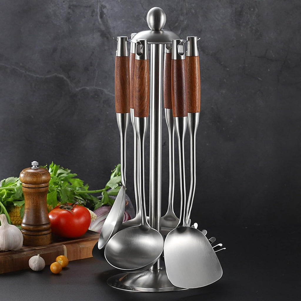 7 PCS Kitchen Cooking Utensils Set Stainless Steel Kitchenware Cookware Set with Holder Metal Kitchen Utensils Set with Wood Heat-Insulated Handle Dishwasher Safe