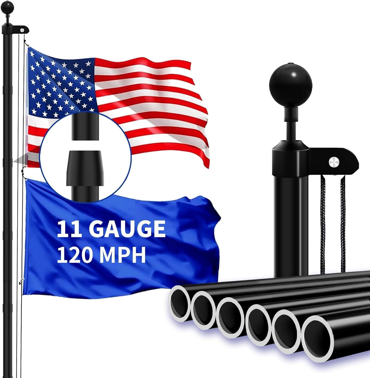 11 Gauge Heavy Duty Flag Pole,25FT Flagpoles for Outside House in Ground Extra Thick Outdoor Flag Pole Kit with 3x5 American Flag with Pole for Outside Residential and Commercial Flagpoles,Black