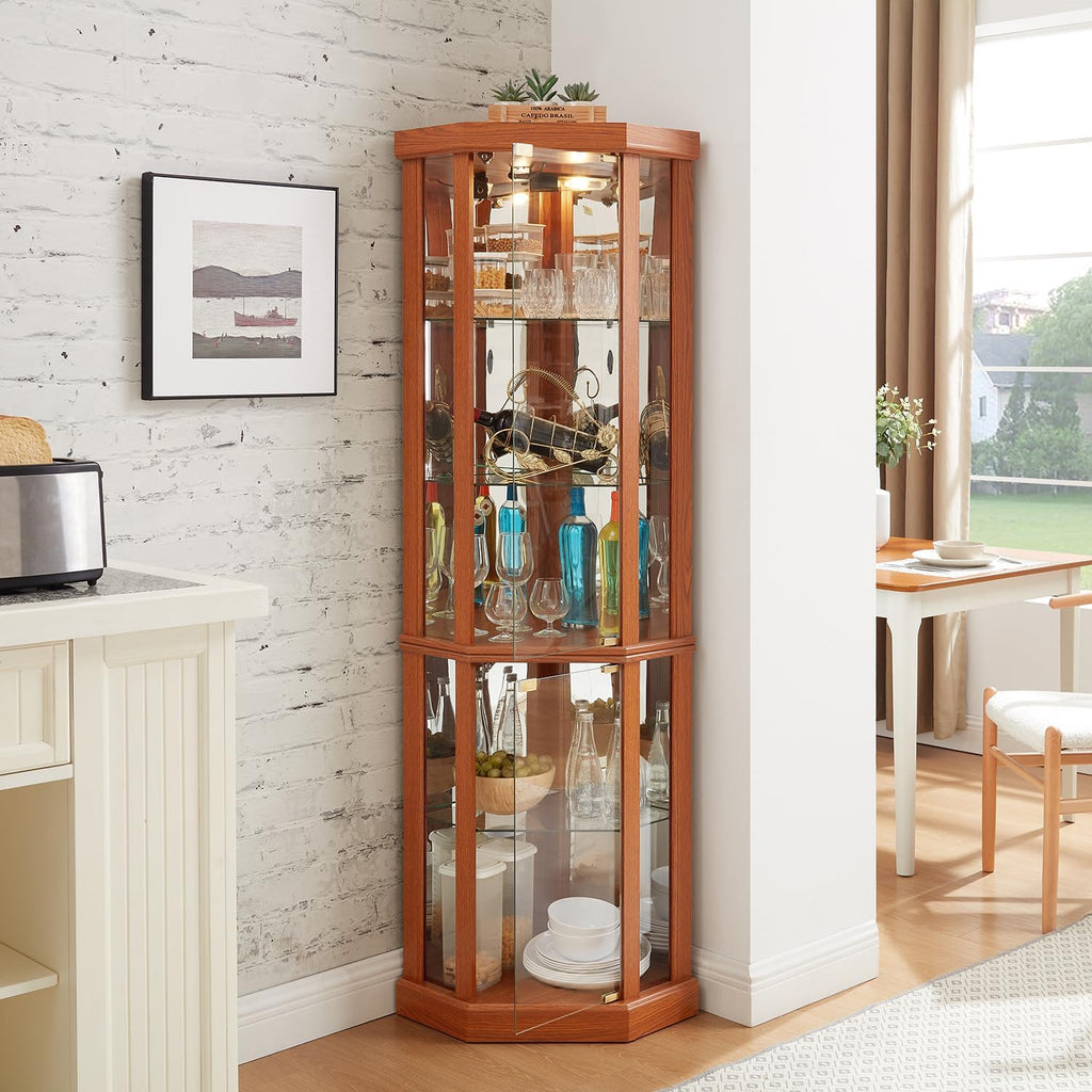 69' H Lighted Corner Display Cabinet, 5-Tier Wooden Curio Glass Cabinet with Adjustable Shelves & Glass Door, Corner Storage Display Case with Mirrored Back Pane for Living Room (Dark Oak)
