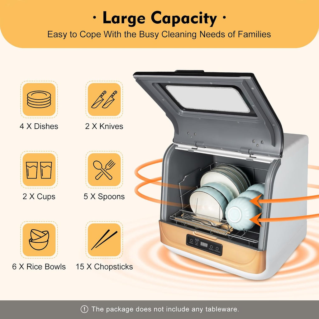 800W Portable Countertop Dishwasher,3 Washing Modes, 158℉ High-Temp, No Installation Needed, Compact Mini Dish Washing Machine with 8L Water Tank for 4-6 Sets Tableware (Type A - Gold)