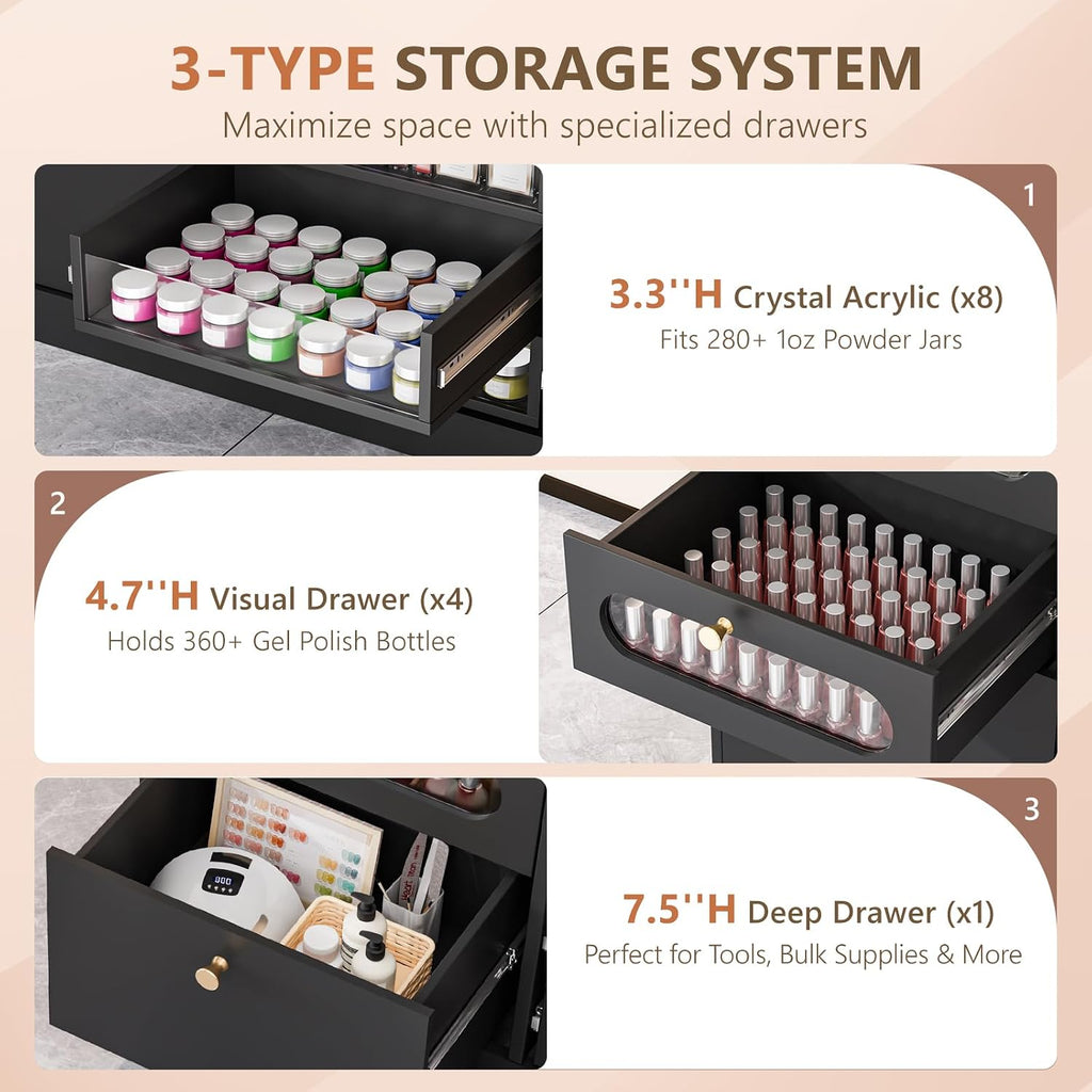 OmySalon Nail Salon Organizer Cabinet, 32' L Floor Storage with 8 Clear & 4 Visual Drawers, Wooden Display for Polish & Powder, Beauty Salon Furniture (Black, 32'' Length)