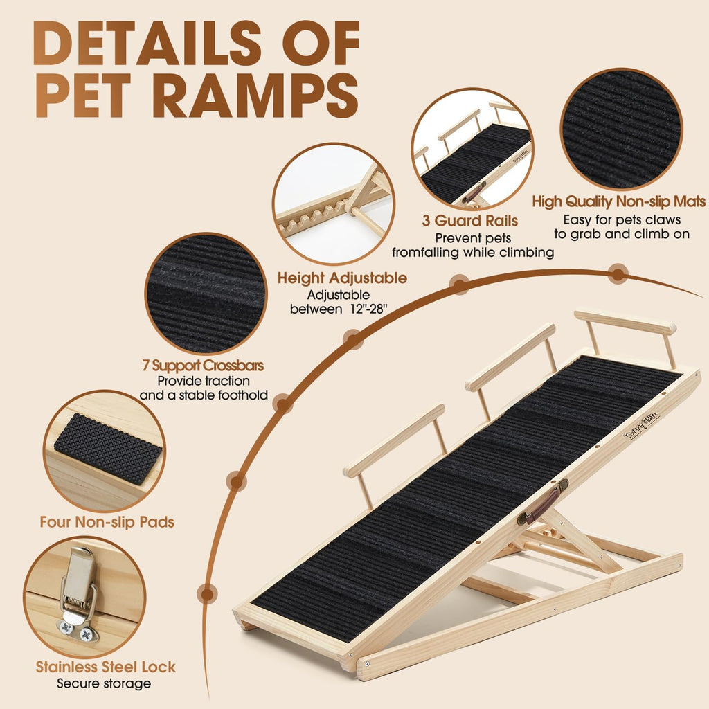 Dog Ramp for Bed - 52.9' Long Adjustable 12' to 28' Wooden Pet Ramp for Small Large Older Dogs - Dog Ramps for High Beds Couch Car - Dog Steps with High Traction Mat & Safety Side Rails Up to 250LB