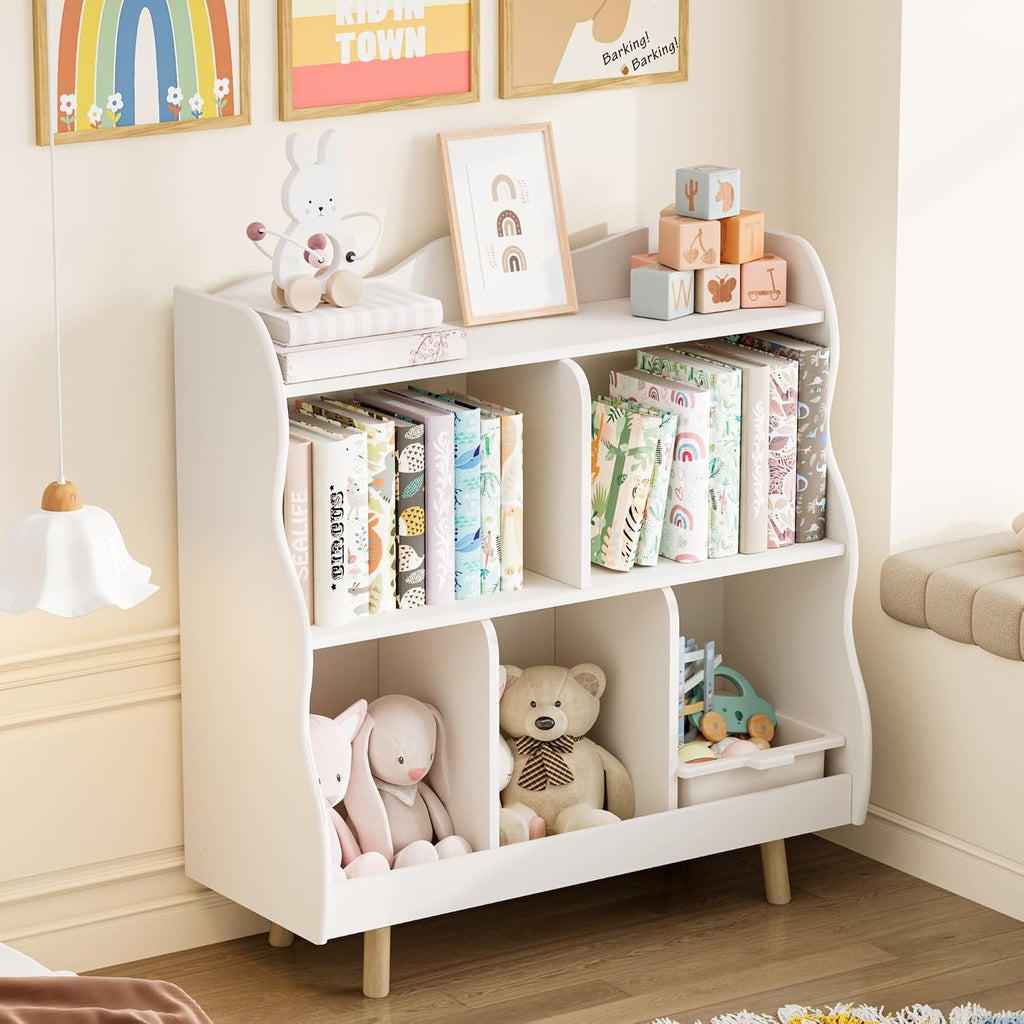 Treocho Kids Bookshelf and Toy Storage Orangizer, 3-Tier Wooden Children's Bookcase with Curve Design, 5 Cubbies Toy Storage Cabinet Display with Legs for Children's Room, Playroom, School, White