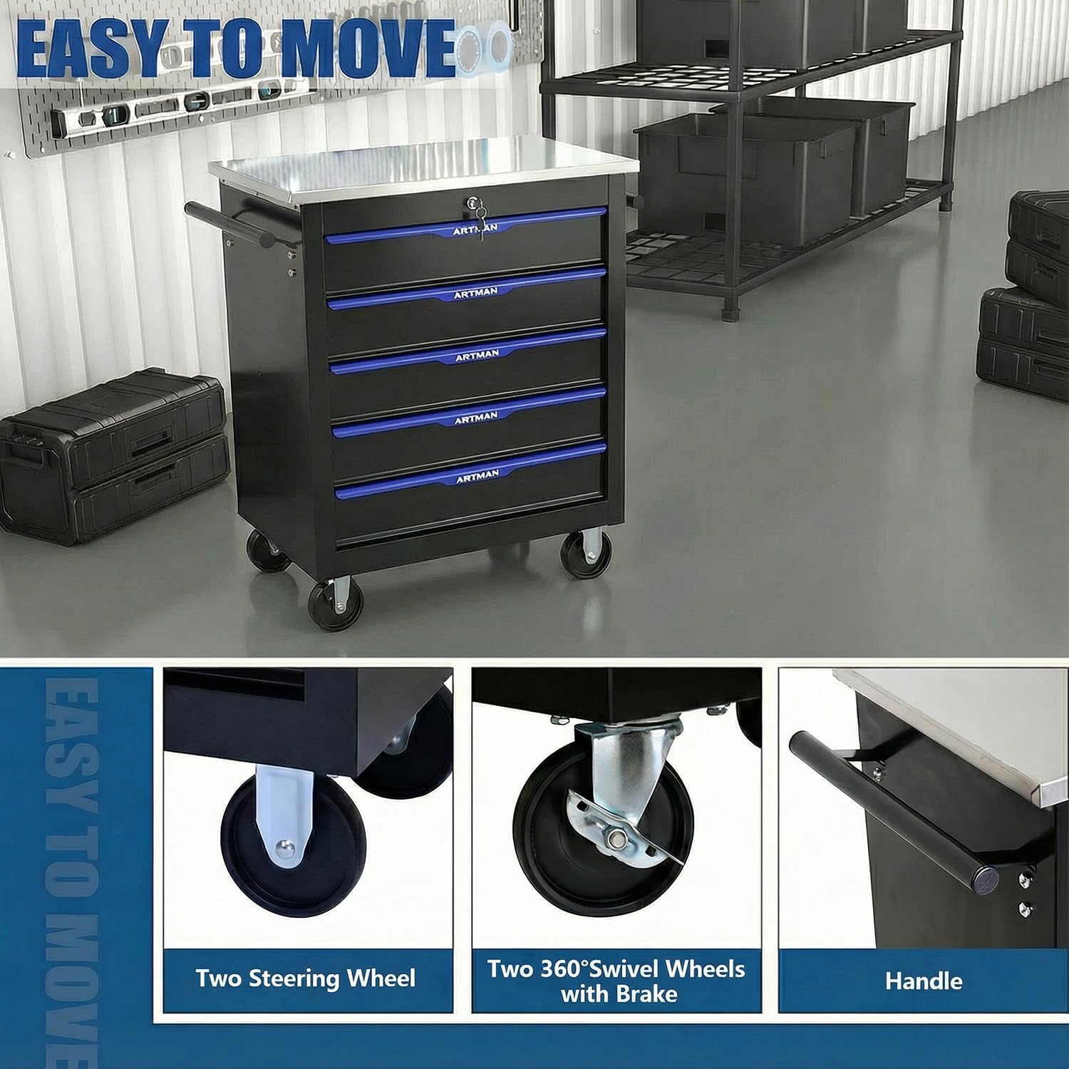 5-Drawer Rolling Tool Chest with Stainless Steel Countertop,Tool Chest with Secure Locking System,Mobile Storage Tool Cabinet with 360°Wheels and Padded Feet,for Home,Garage (Black+Blue)
