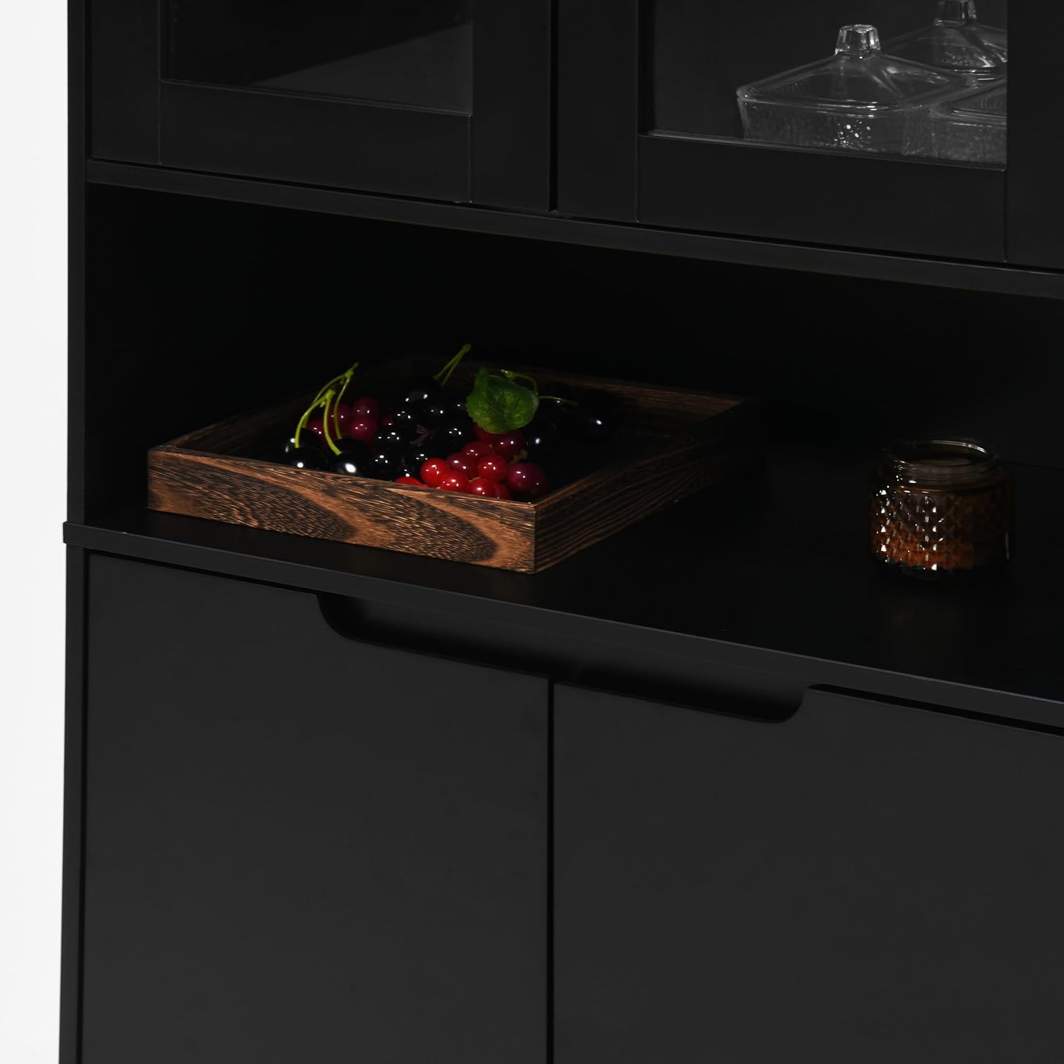 LUMISOL Storage Cabinet with 2 Glass Doors, Solid Wood Accent Cabinet with Gold Handles, Modern Cabinet Freestanding for Study Room Living Room, Save Space, Black