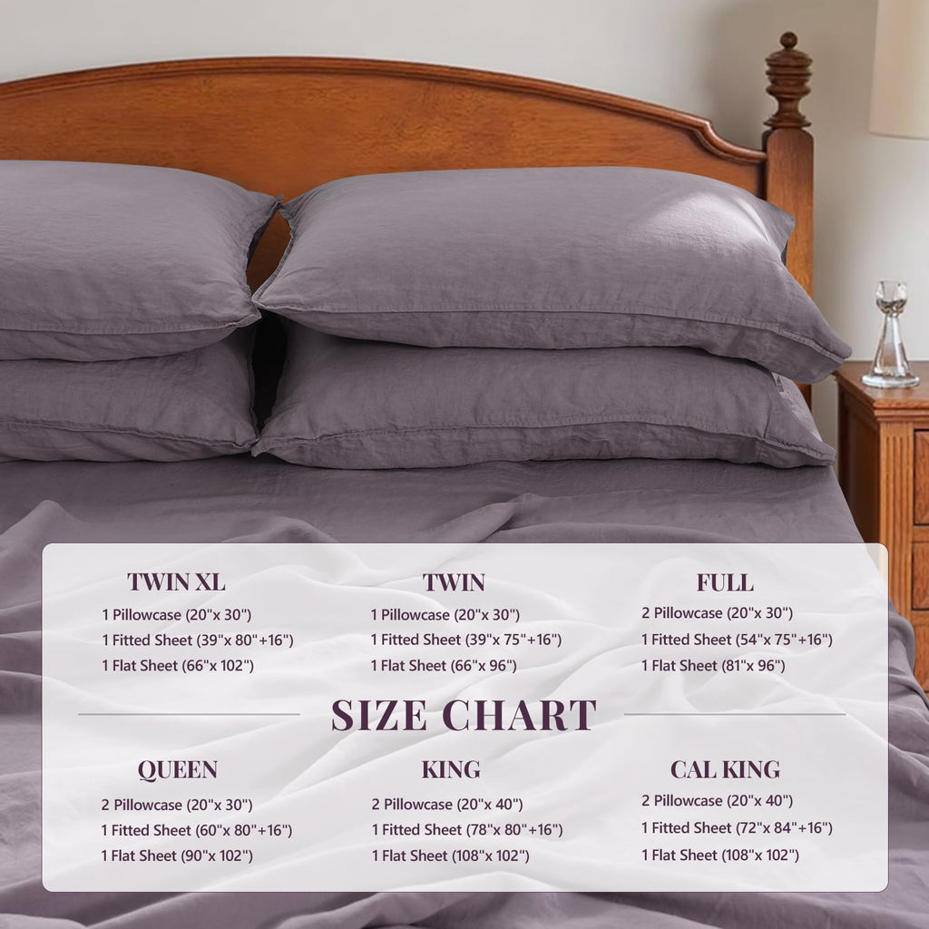 S VICTORY SYMBOL 100% Organic Linen Sheets Set Queen Size,Washed French Flax Bed Sheets 4 Pieces(2 Pillowcases,1 Fitted Sheet,1 Flat Sheet) Dusty Purple,Natural Linen Bedding