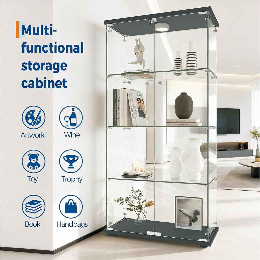 4-Tier 64.6h' Tempered Glass Display Cabinet (Black) - Full-Glass Curio Case with 13-Color LED Lights & Human Body Sensor, 17.6LBS/Layer Capacity, Quick-Install Storage for Collectibles & Decor