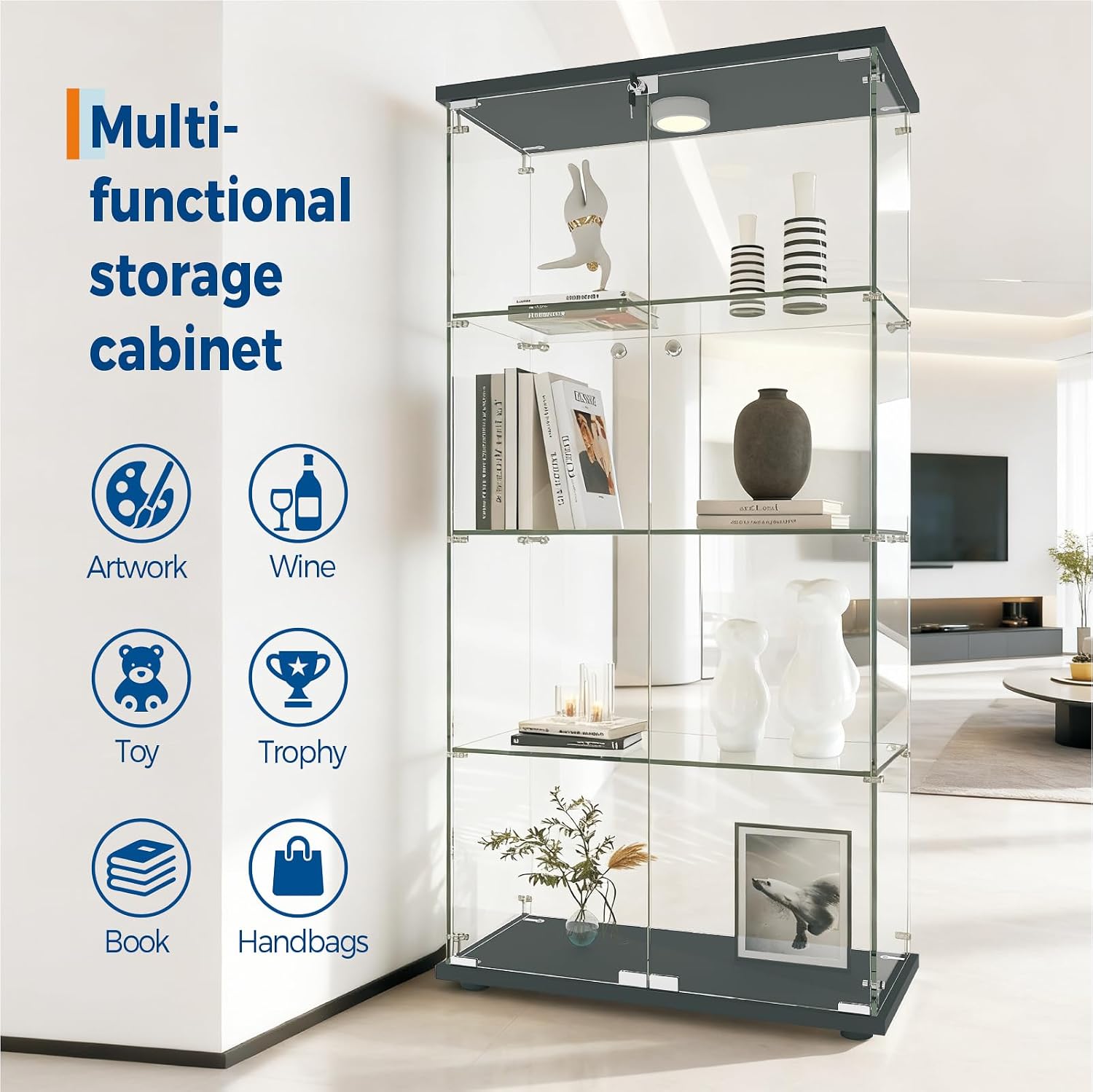 4-Tier 64.6h' Tempered Glass Display Cabinet (Black) - Full-Glass Curio Case with 13-Color LED Lights & Human Body Sensor, 17.6LBS/Layer Capacity, Quick-Install Storage for Collectibles & Decor