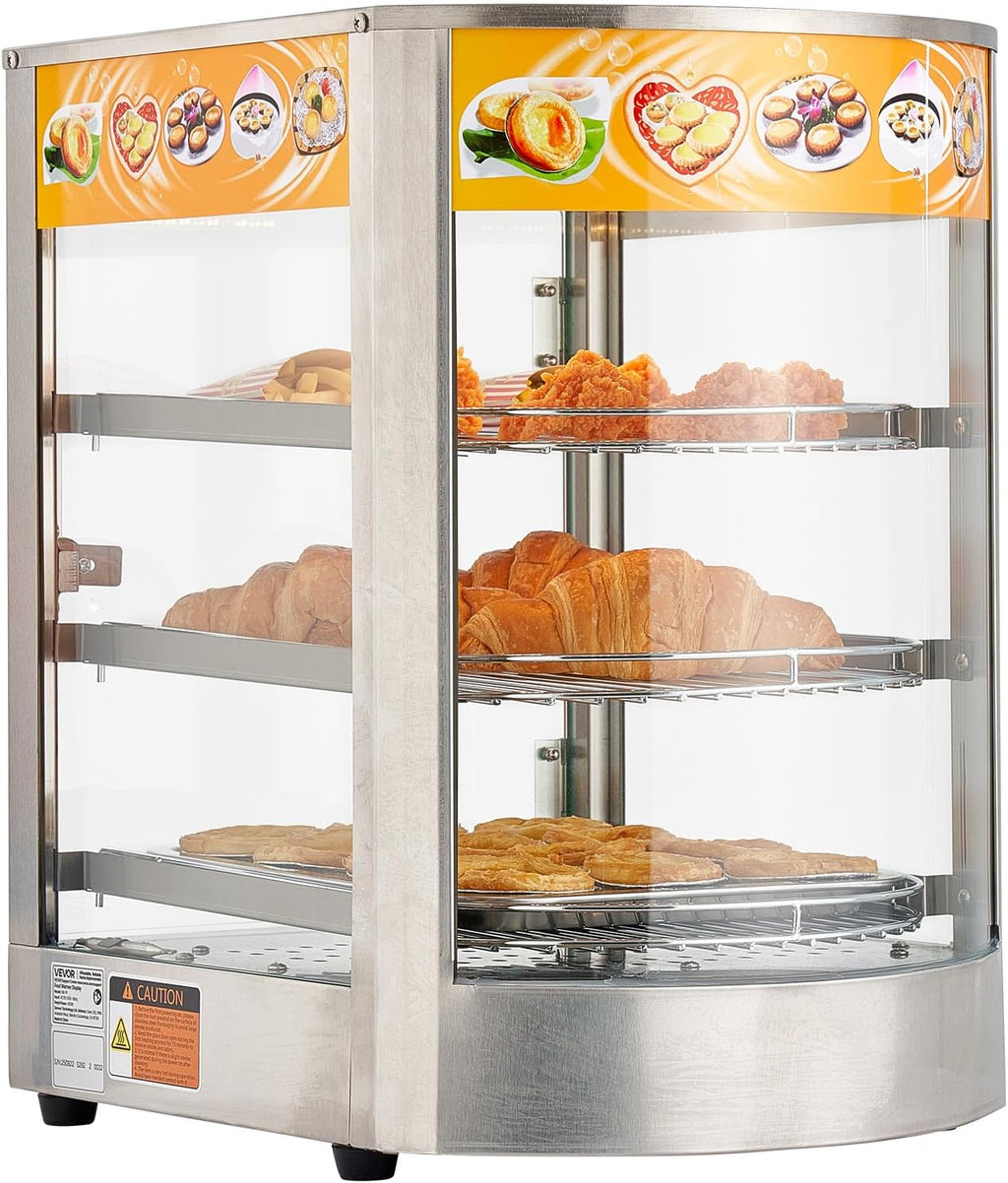 VEVOR 3-Tier Commercial Food Warmer Display, 800W Food Display Warmer with LED Light, Adjustable Shelf and Stainless Steel Frame, 86℉~185℉ Air Heating, 60L for Hamburger, Pizza, Bread, Fried Chicken