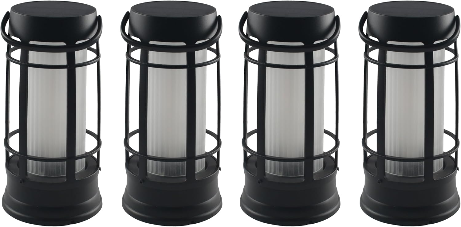FoxFlame Metal Outdoor Solar Lantern, Flickering Solar Lanterns Outdoor Waterproof with Patented LED,Outdoor Lanterns for Porch,Patio,Garden,Tabletop,Hanging Use,Matte Black(4 Pack)