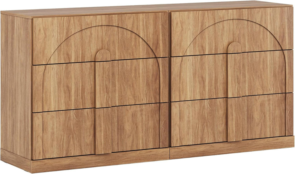 BELLEZE Sideboard Cabinet with 3 Drawers, Set of 2 Modern Wood Buffet Cabinet with Arc Design, Large Fluted Sideboard with Storage for Dining Room Living Room Entryway, Camel