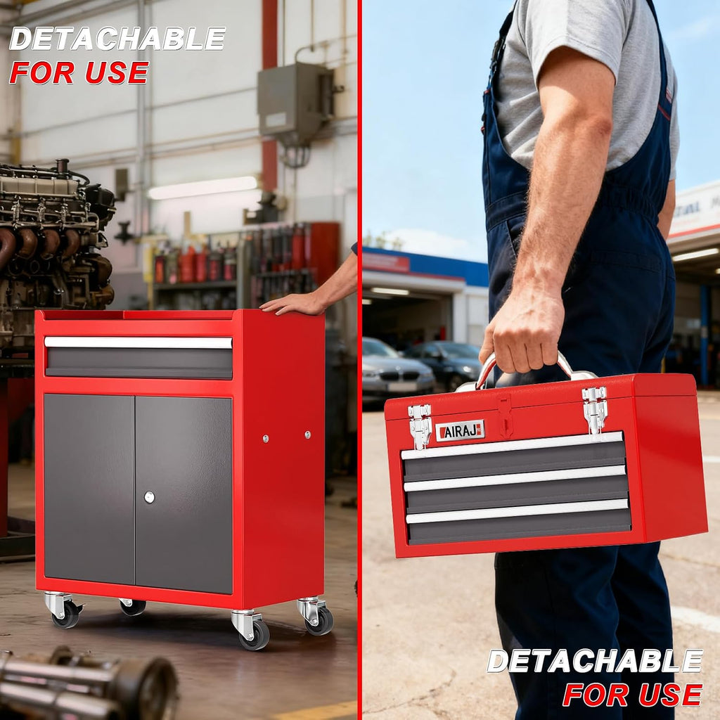 Tool Box with Wheels,4 Drawer 39' Large Tool Chest,Detachable Top Metal Rolling Tool Box,Garage Tool Cabinet with Lock and 360° Rotating Wheels,Red