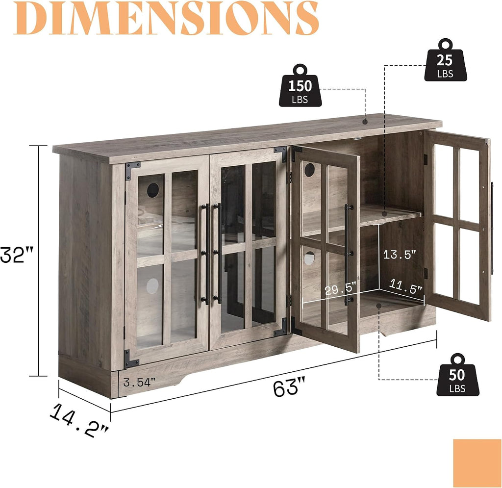 AMERLIFE Farmhouse 63' Buffet Sideboard Cabinet with Glass Door, Large Storage Cabinet with Adjustable Shelf, Wooden Coffee Bar Station for Kitchen, Dinning Room, Rustic Grey
