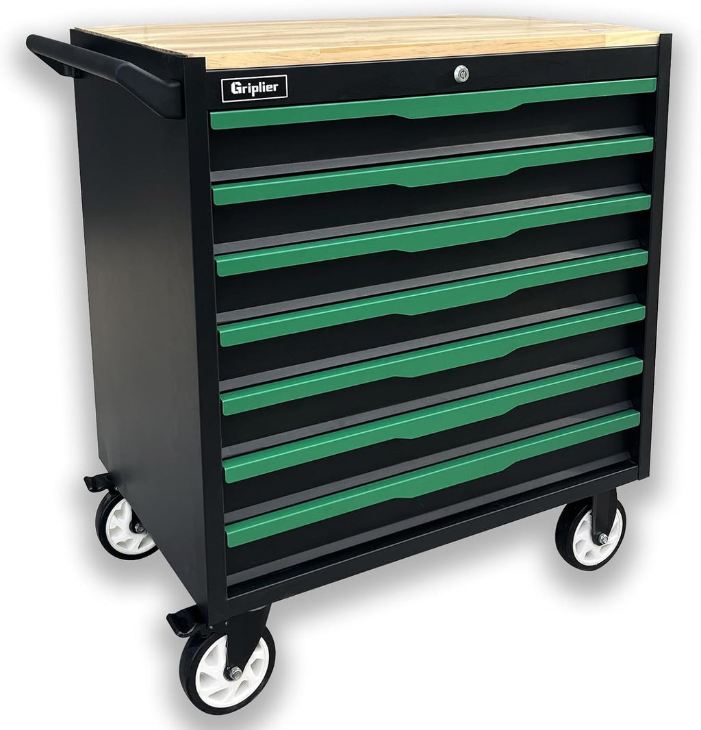 7-Drawer Tool Chest with Wood Top, 31.3W x 18.9D x 32.3H inches, Black and Green，Locking Rolling Tool Box with Wheels,Mechanic Tool Cabinets for Garage, Warehouse,Repair Shop,Workshop