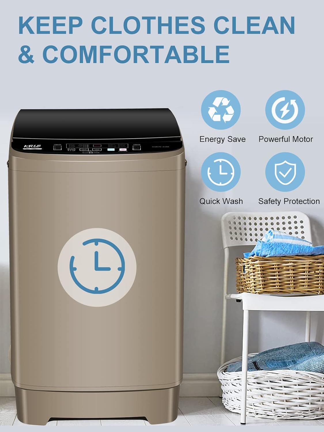 Full-Automatic Washing Machine 17.7 lbs Small Compact Portable 10 Wash Program & 8 Water Level Compact Washer with LED Display Ideal for Apartments, RV, Camping, Gold