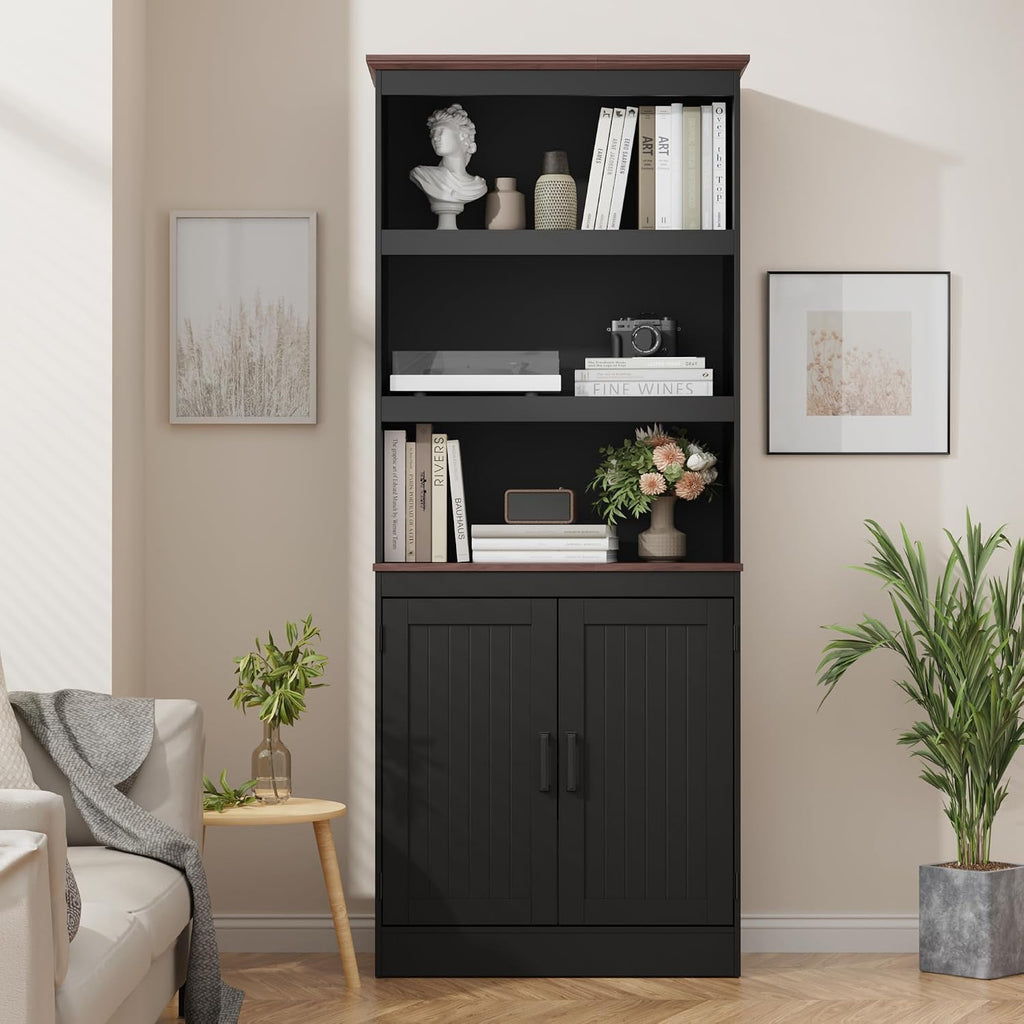 MHOM 71' Tall Bookshelf with Doors, 5 Tiers Farmhouse Bookcase with Adjustable Shelves, Wooden Rustic Display Cabinet for Home Office, Living Room, Black