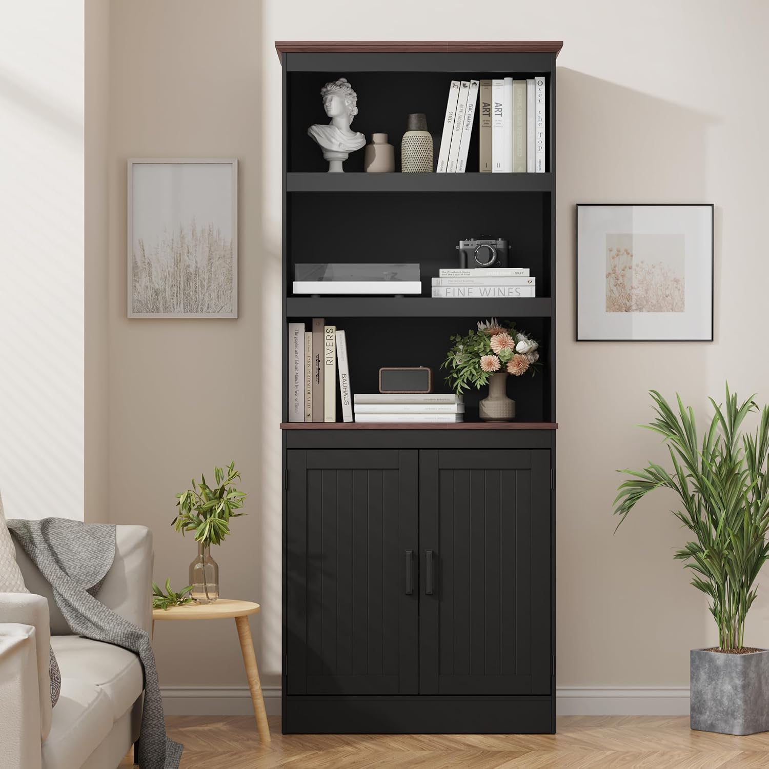MHOM 71' Tall Bookshelf with Doors, 5 Tiers Farmhouse Bookcase with Adjustable Shelves, Wooden Rustic Display Cabinet for Home Office, Living Room, Black