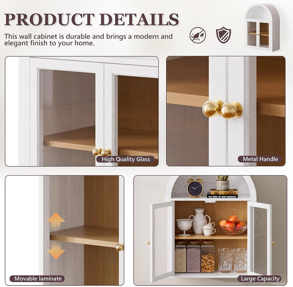 NEWOWNDS Arched Wall Cabinet,Glass Display Wall Mounted Cabinet with Tempered Glass Doors, Floating Cabinet with Adjustable Shelves for Bathroom,Living Room, Kitchen