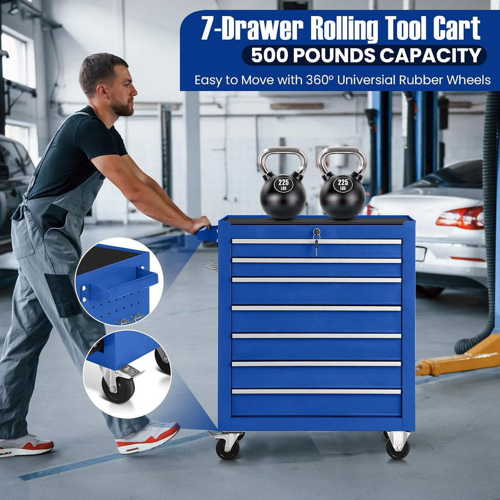 7-Drawer Rolling Tool Chest with Wheels,Tool Cabinet on Wheels with Keyed Locking,Multifunctional Tool Cart on Wheels,Tool Storage Organizer Cabinets for Garage,Warehouse, Repair Shop (Blue)
