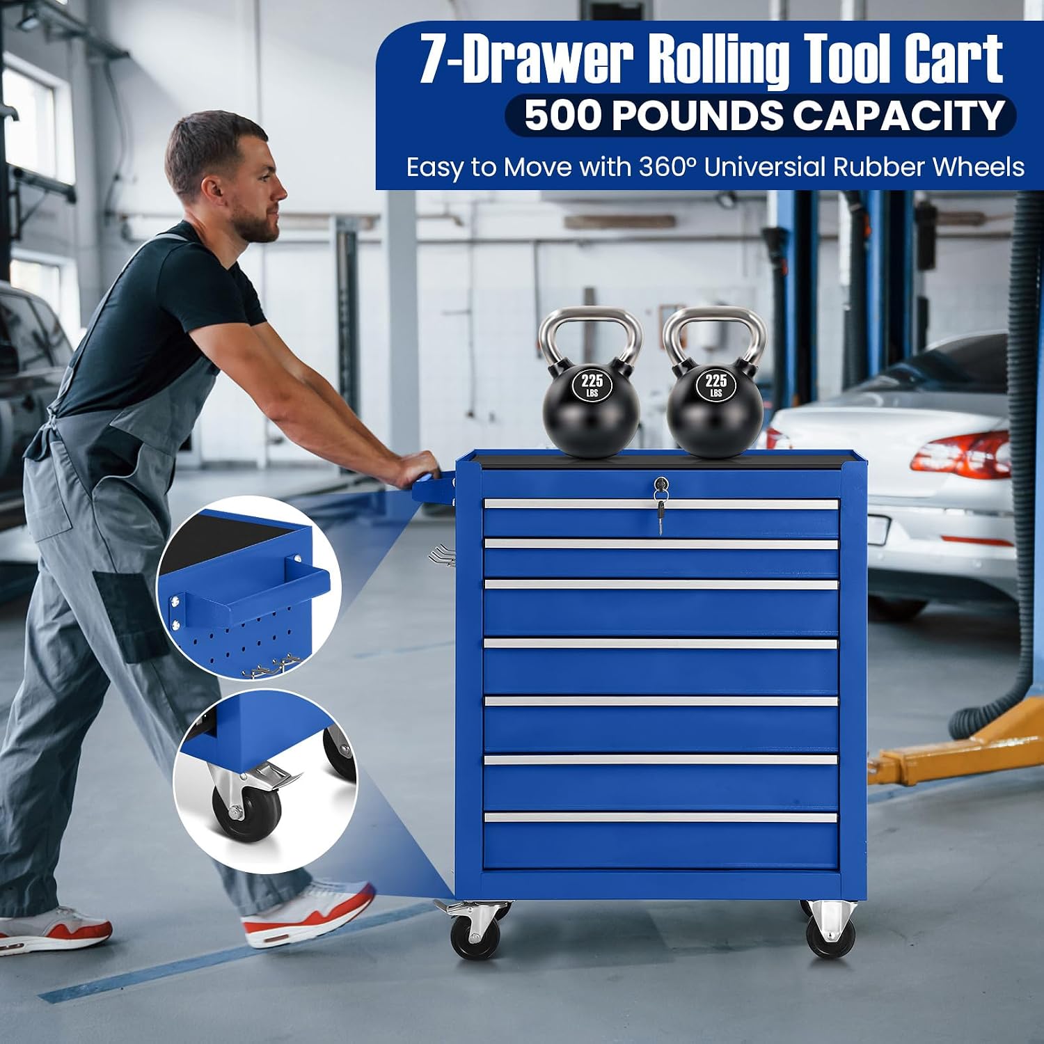 7-Drawer Rolling Tool Chest with Wheels,Tool Cabinet on Wheels with Keyed Locking,Multifunctional Tool Cart on Wheels,Tool Storage Organizer Cabinets for Garage,Warehouse, Repair Shop (Blue)