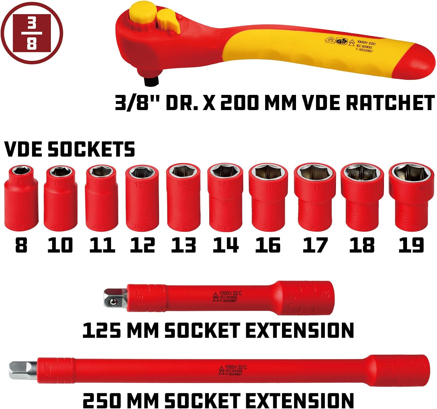 Powerbuilt 13-Piece VDE Tool Set, Insulated Ratchet, Sockets, Extensions, High-Voltage Electrical and Hybrid Vehicles, Home Repair - 642937