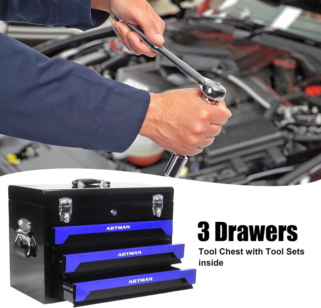 439 piece tool box with tools, mechanics kit, socket wrench set, mechanic tool set, heavy duty tool box, home tool kit, automotive tools, DIY tool set (439pcs-blue)