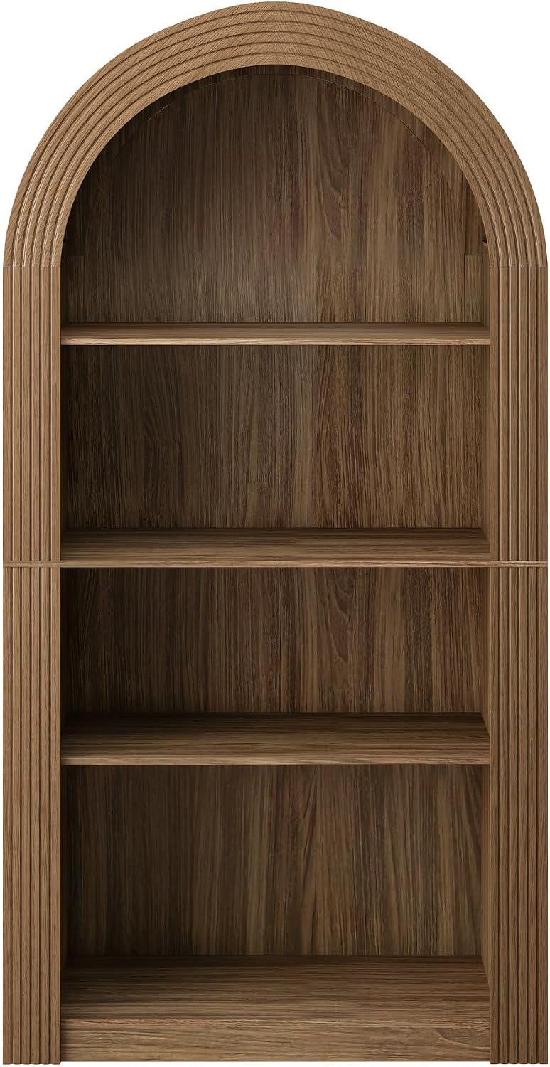 LUMISOL Tall Arched Kitchen Pantry Cabinet with Open Display Storage Shelf, Modern Arched Bookcase with 4 Tier Shelf, for Dining Room Living Room, Brown