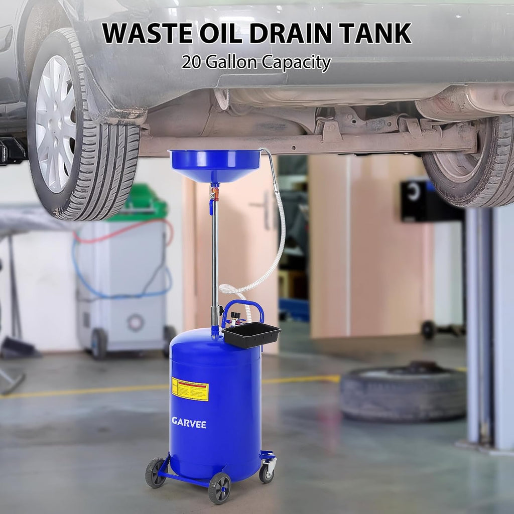 Garvee 20 Gallon Waste Oil Drain Tank, Portable Oil Drain Container, Air Operated Drainer, Fluid Fuel Transfer Drainage, Adjustable Funnel Height with Wheel &15'' Premium Bowl and a Toolbox