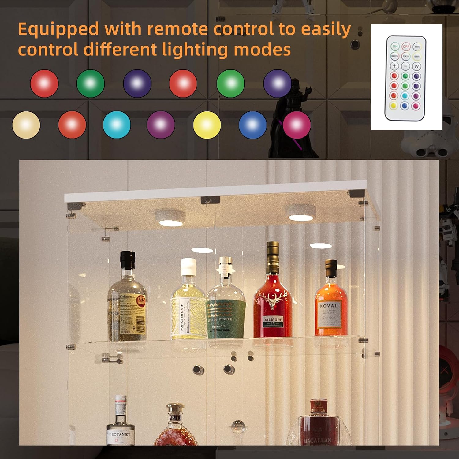 64.69' Tall Tempered Glass Display Cabinet with LED Lights, Curio Cabinet with 4 Shelves with 2 Door, Quick-Install Style Floor Standing Bookshelf File Cabinet for Living Room Office