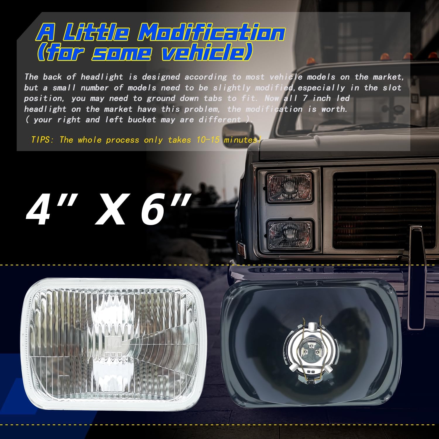 For Chevrolet Monte Carlo SS 1980 1981 1982 1983 1984 1985 1986 1987 1988, 4x6 inch Rectangular Hi-Low Sealed Beam Lights,With 4 pcs H4 6000K White LED Light Bulbs, with Adapter,8-Pack