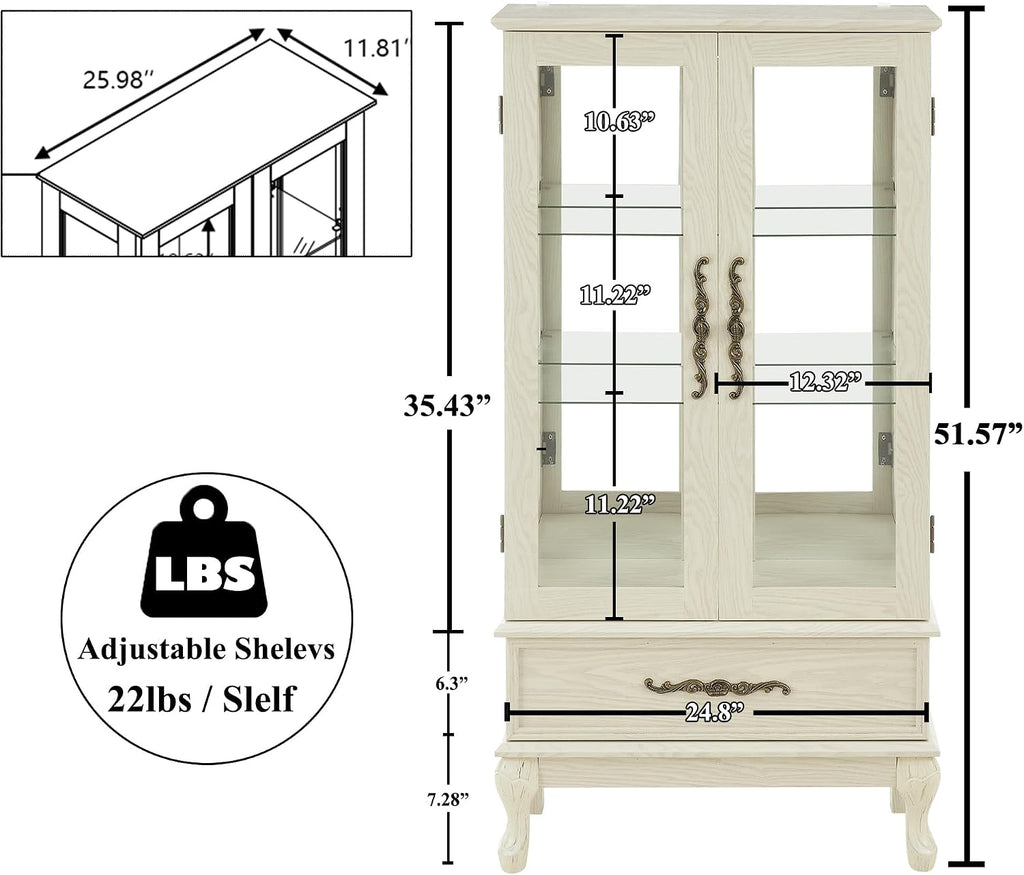 51' H Lighted Curio Cabinet Display Case, Glass Curio Cabinet with Adjustable Shelves,Tempered Glass Door and Drawer, Wooden Cabinets w/Mirrored Back Pane for Living Room (Antique White)