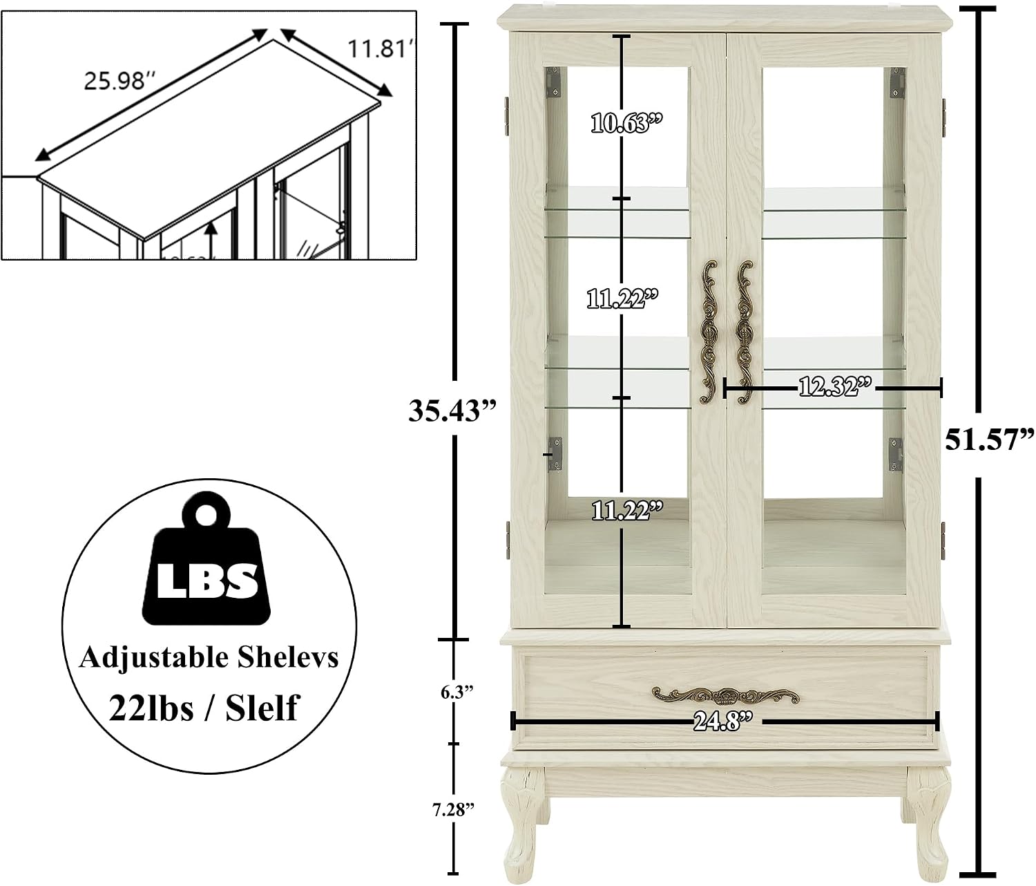 51' H Lighted Curio Cabinet Display Case, Glass Curio Cabinet with Adjustable Shelves,Tempered Glass Door and Drawer, Wooden Cabinets w/Mirrored Back Pane for Living Room (Antique White)